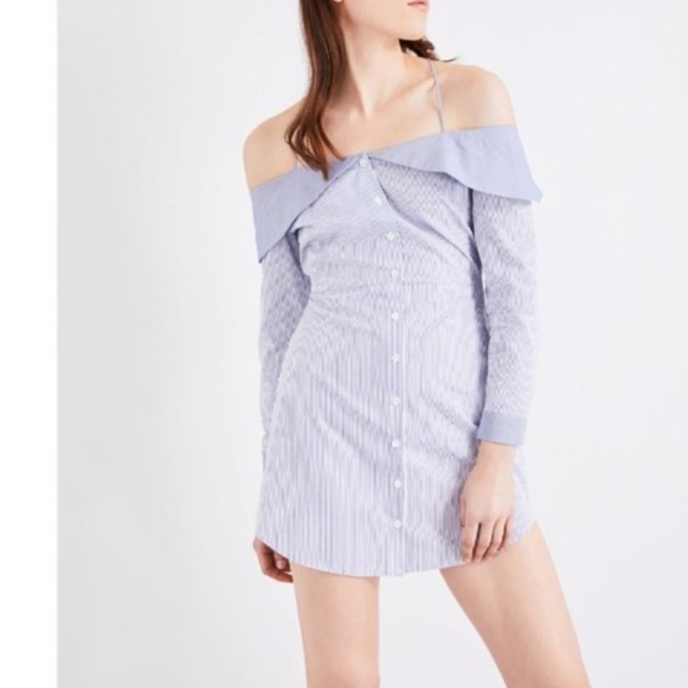 NWT Topshop Blue White Pinstripe Button Down Off Shoulder Bardot Shirt Dress 4